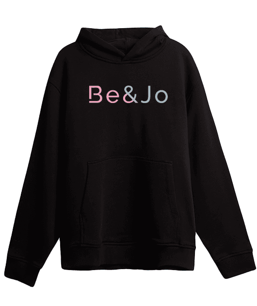 Hoodie Noir 100% coton biologique, 300g/m2 Coupe oversize Logo Be&Jo Rose et bleu